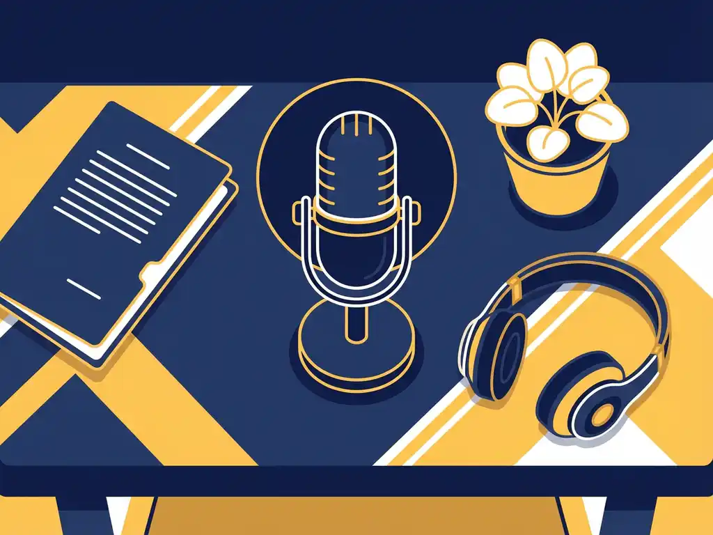 Podcastmicrofoon op studiodesk omringd door sponsorcontractmap, koptelefoon en potplant in vlakke illustratiestijl.
