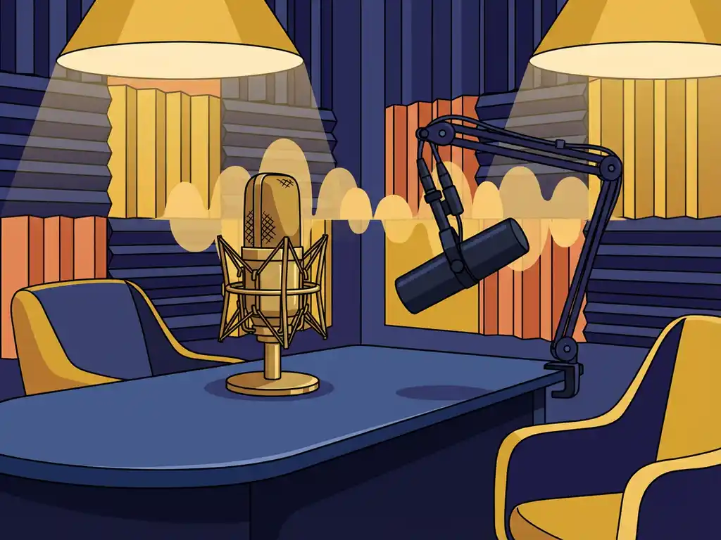 Professionele podcaststudio met vintage condensatormicrofoon en moderne dynamische microfoon op bureau, akoestische schuimpanelen op achtergrond.