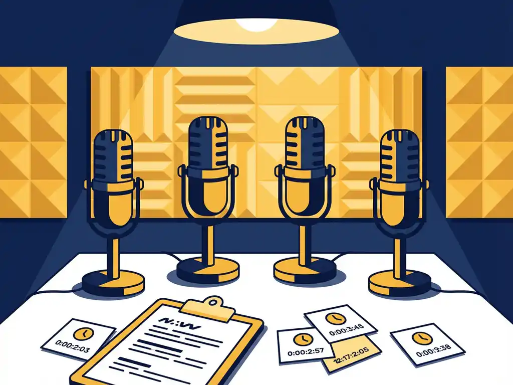 Professionele podcaststudio met meerdere microfoons, planningsbord en sessienotities op bureau, akoestische schuimwanden op achtergrond.