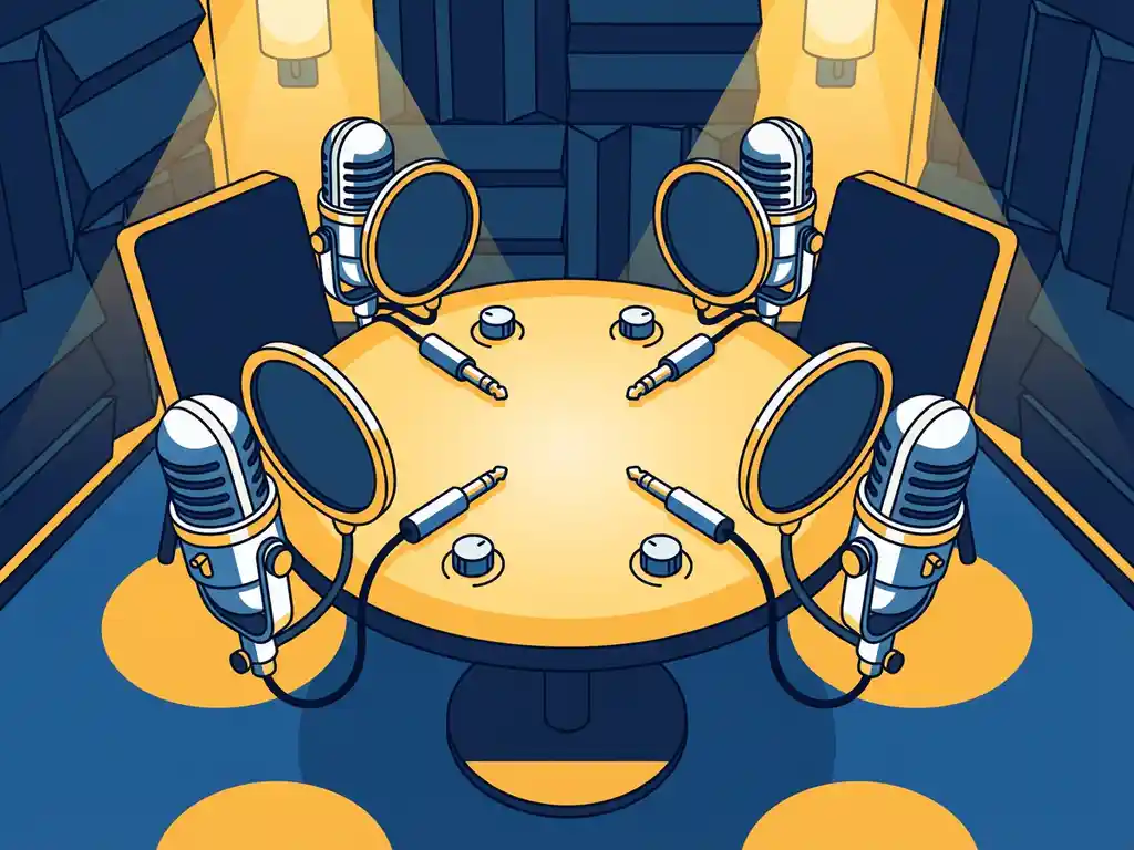 Vier condensatormicrofoons in een cirkel opgesteld op een podcasttafel in een professionele studio met donkerblauwe akoestische panelen.