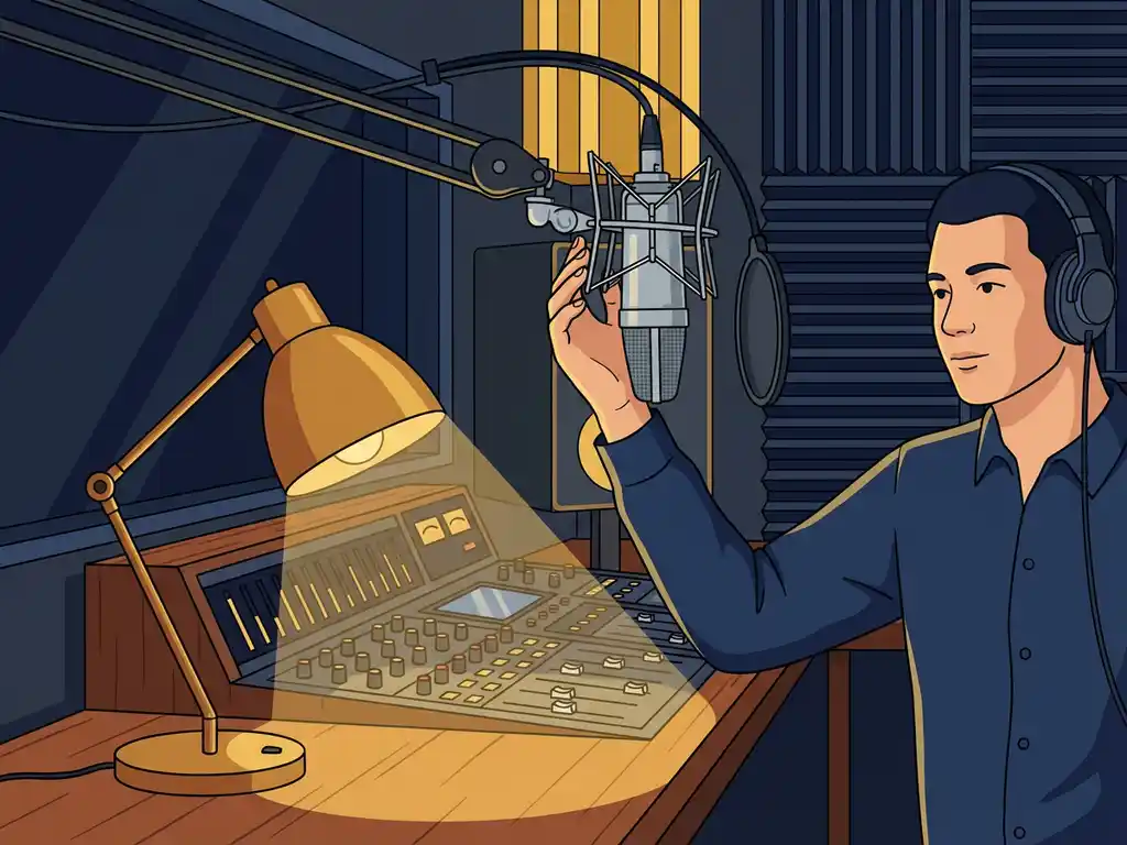 Podcastproducent stelt grote condensatormicrofoon af in studio met gouden bureaulamp en donkerblauwe akoestische panelen.