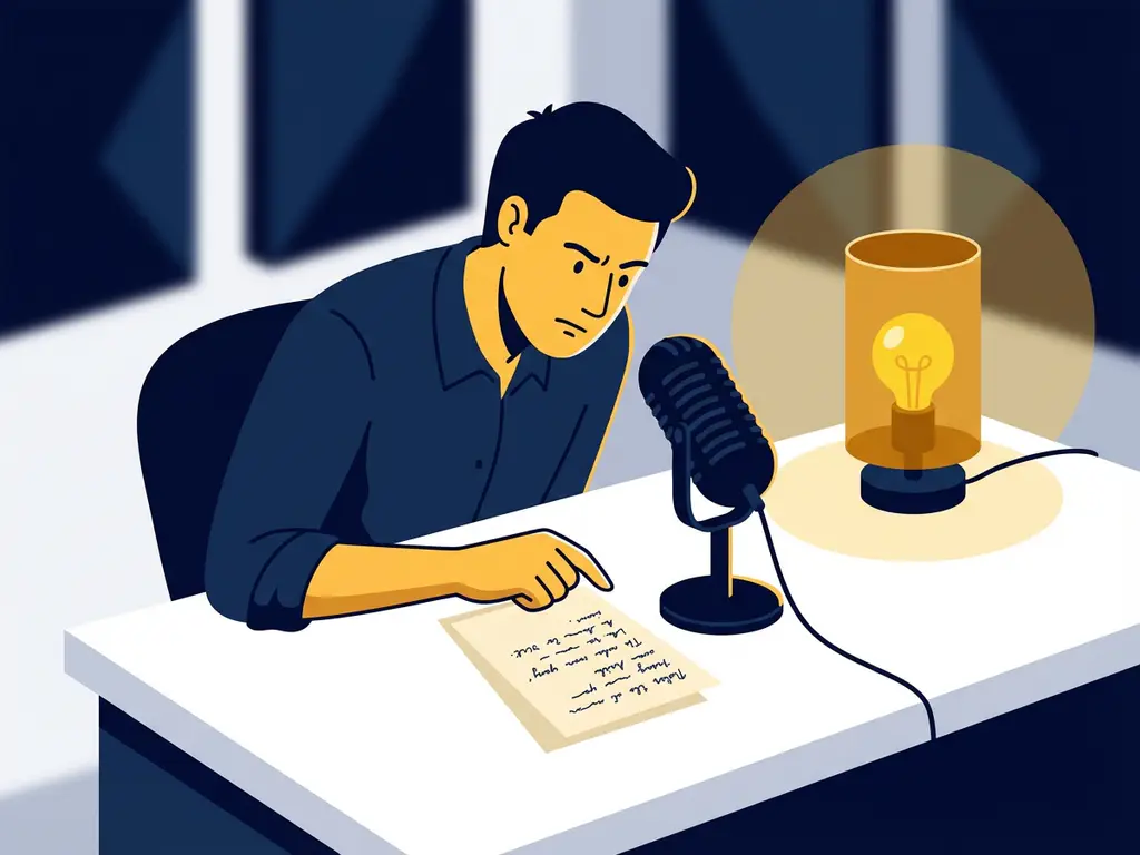 Podcaster leunt over studiotafel met handgeschreven notities naast professionele microfoon, verlicht door warm amberkleurig bureaulampje.