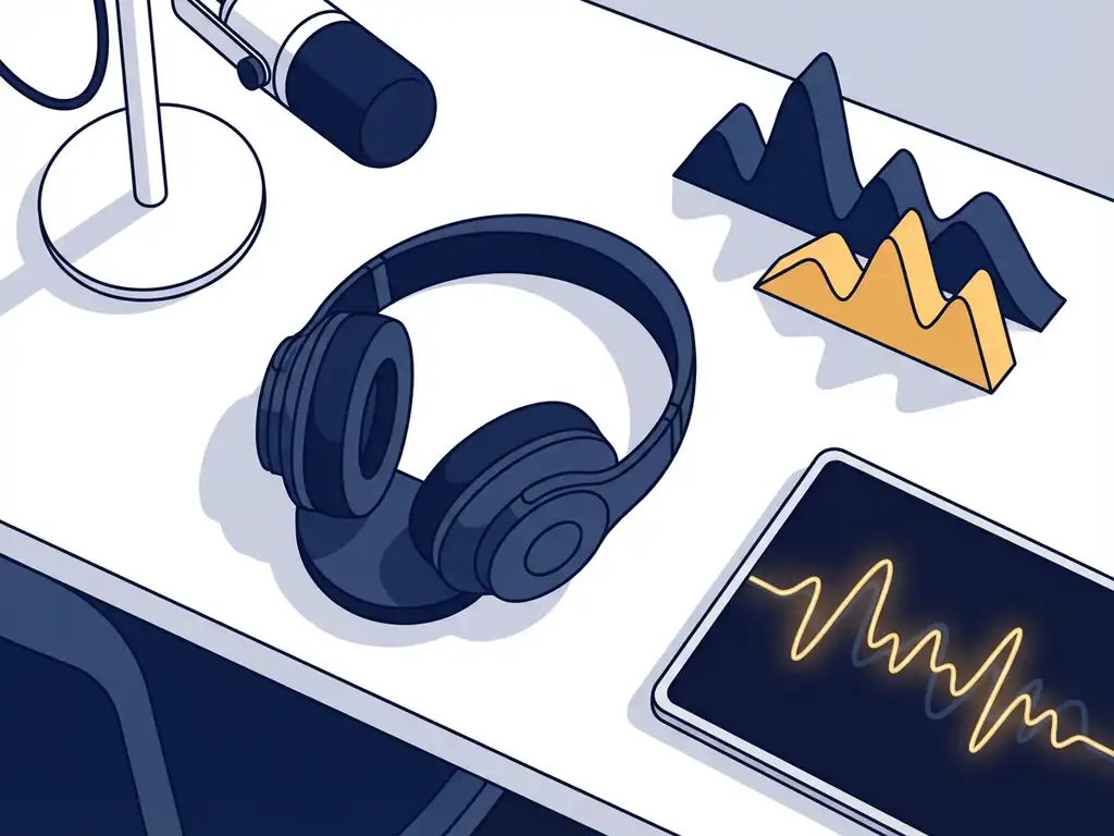 Professionele studiohoofdtelefoon op een bureau naast gloeiende audiogolfvormen in donkerblauw en warm geel, minimalistisch podcaststudio-interieur.