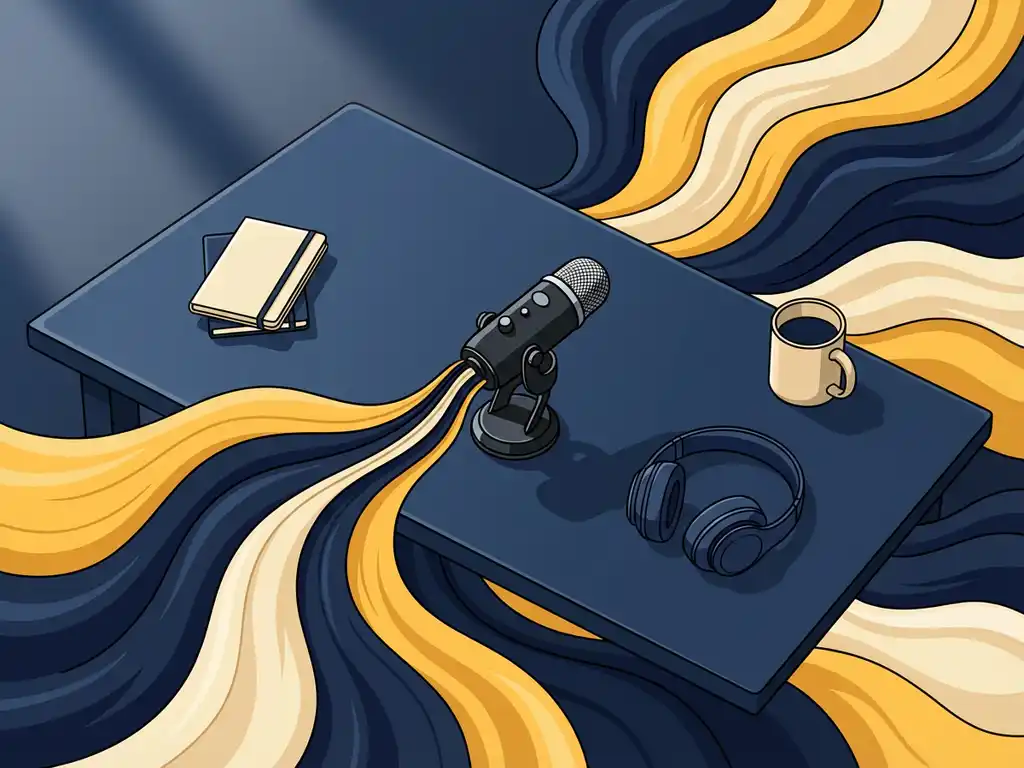 Professionele microfoon op studiobureaus omringd door abstracte geluidsgolven in marineblauw en warm geel, bovenaanzicht.
