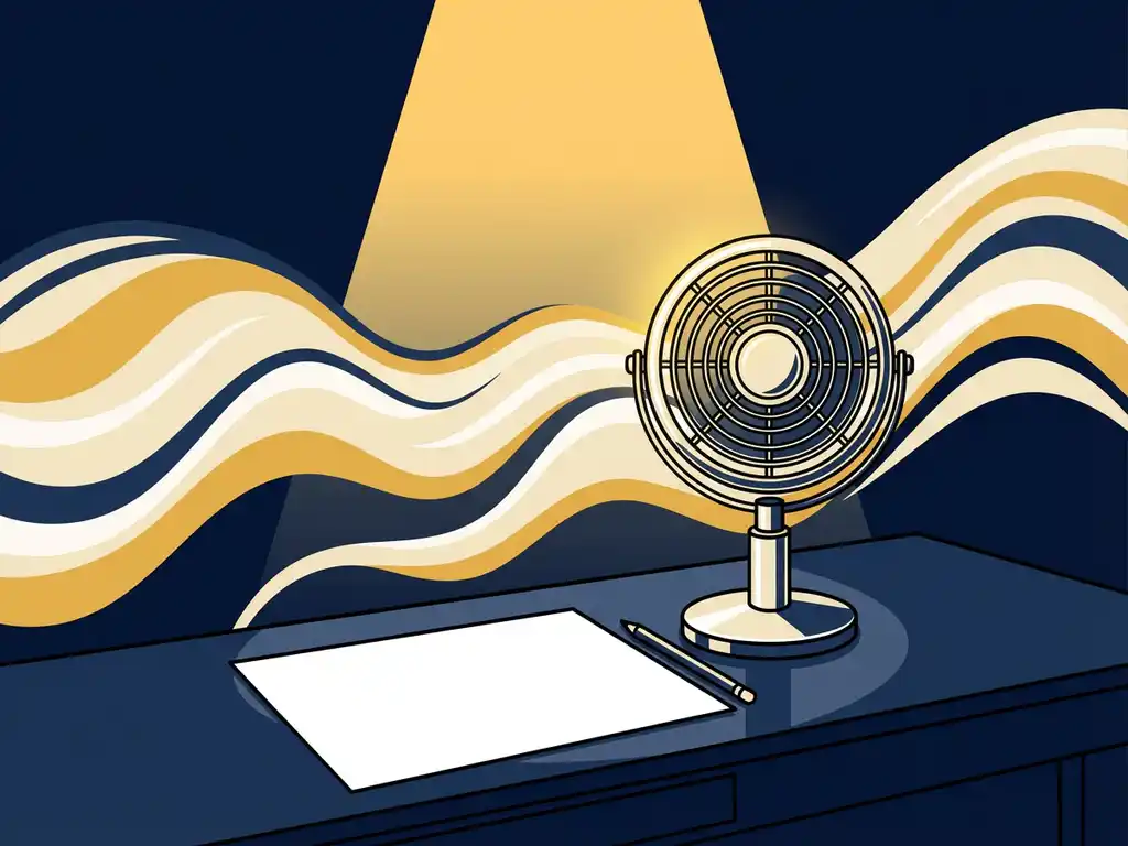 Vintage microfoon op studiodesk verlicht door warm spotlight, met abstracte marineblauw en goudgele golven op de achtergrond.
