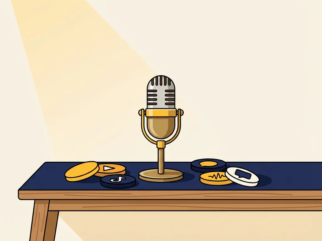 Vintage microfoon op een studiobalie omringd door kleurrijke platform-iconen in geel en marineblauw, vlakke vectorillustratie.