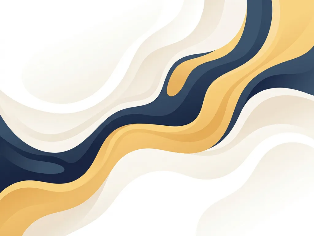 Abstracte vloeiende golven van bovenaf, met zachte kleurovergangen van wit naar diepblauw en warm goud.