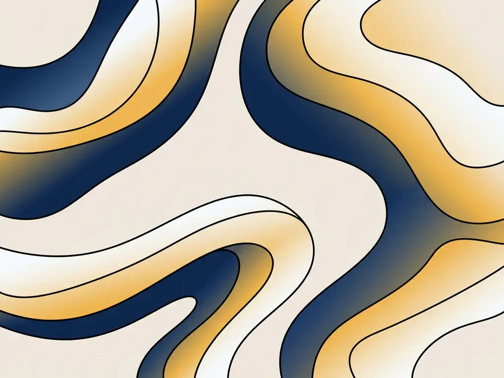 Abstracte bovenaanzicht illustratie van vloeiende golven in marineblauw, wit en goudgeel met rustige kleurovergangen.