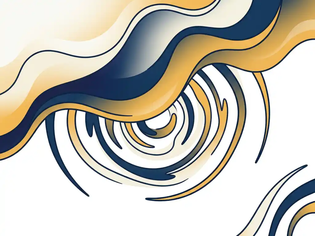 Abstracte vloeistofgolven in marineblauw en warm geel, vloeiende gradiënten met rustgevende beweging in vlakke vectorillustratiestijl.