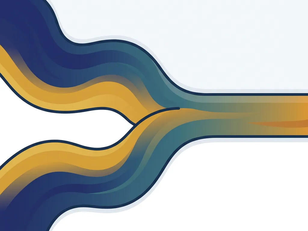 Abstracte vectorillustratie van donkerblauwe en warmgele vloeiende golven die harmonieus samensmelten op een rustgevende achtergrond.
