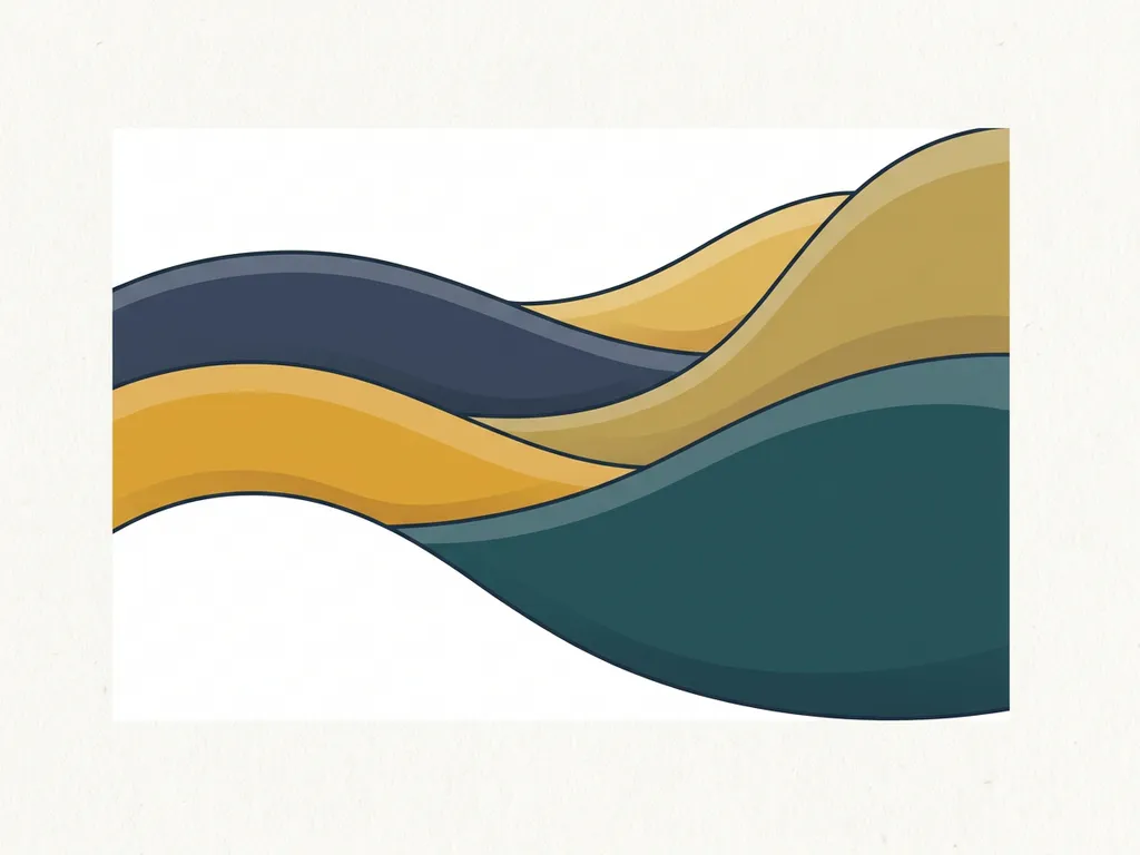 Abstracte illustratie van vloeiende golven in donkerblauw en warm geel met zachte kleurovergangen en een rustig, minimalistisch ritme.