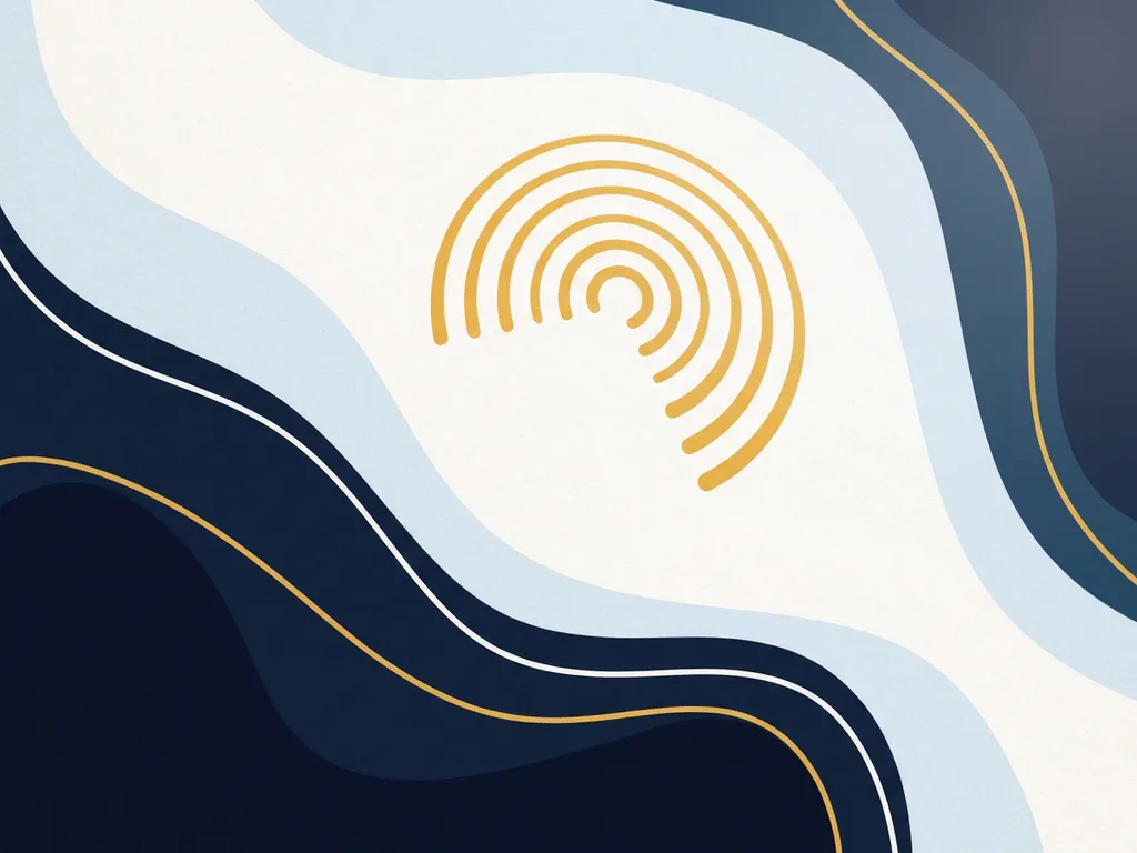 Abstracte luchtopname van geluidsgolven als vloeiende vormen, wit vervaagd naar donkerblauw met een gouden gele rimpel die uitdijt vanuit een centraal punt.