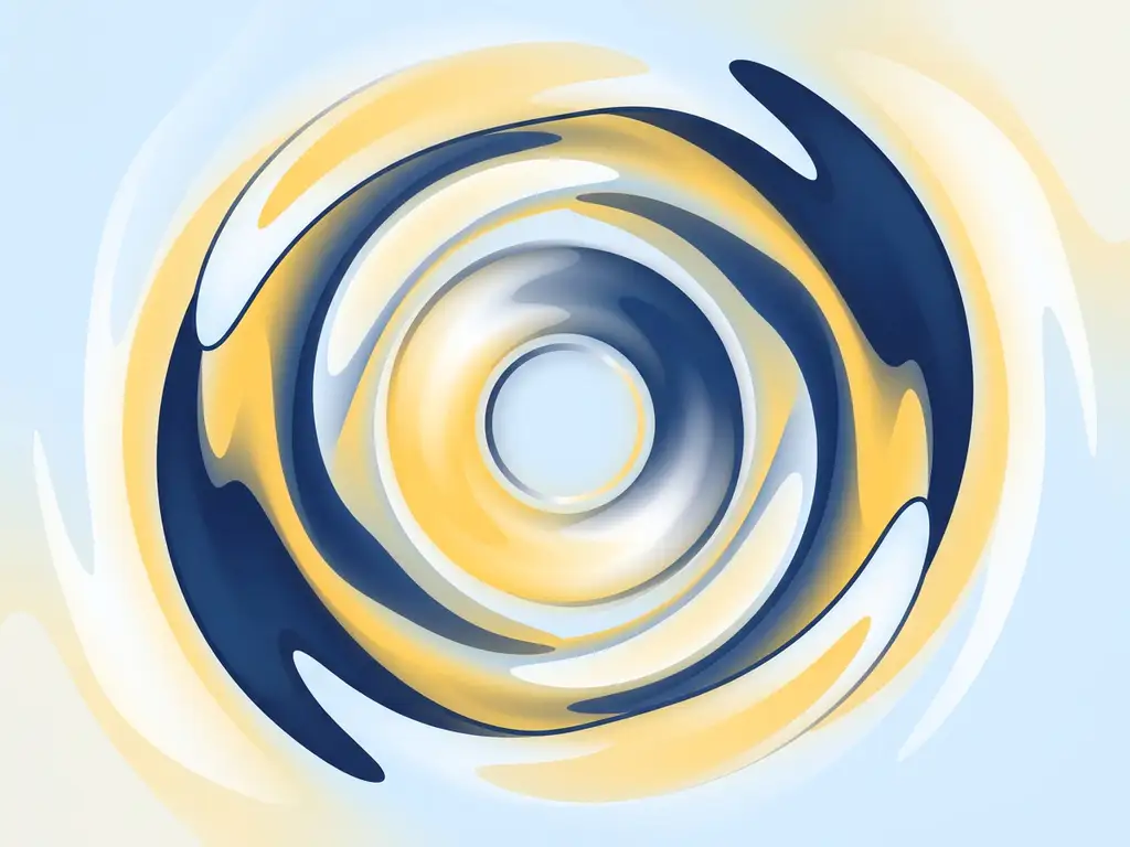 Abstracte kleurengolven in marineblauw en geel die vloeiend vanuit een centraal punt uitdijen als geluidsgolven.