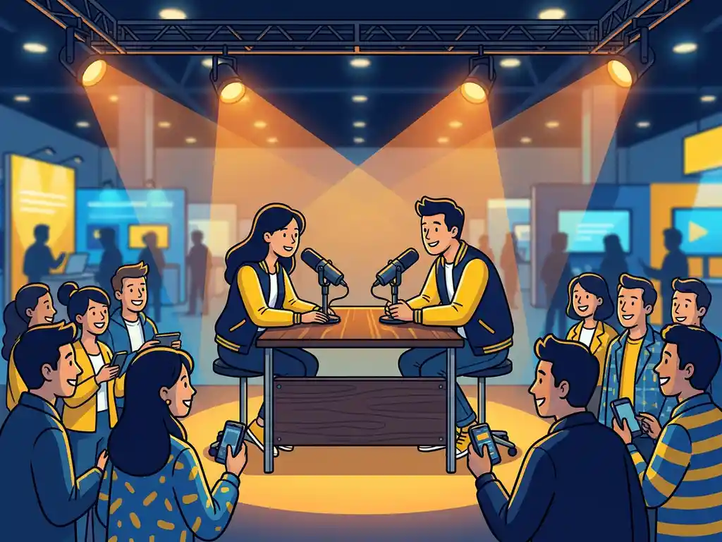 Twee podcasthosts bij professionele microfoons tijdens een live opname op een evenementenvloer, omringd door een betrokken publiek in warm schijnwerperlicht.
