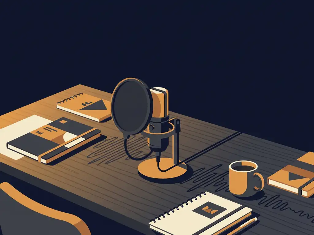 Professionele microfoon op studio-bureau met notitieboeken, koffiekop en geluidsgolven in warme amber en marineblauw tinten.