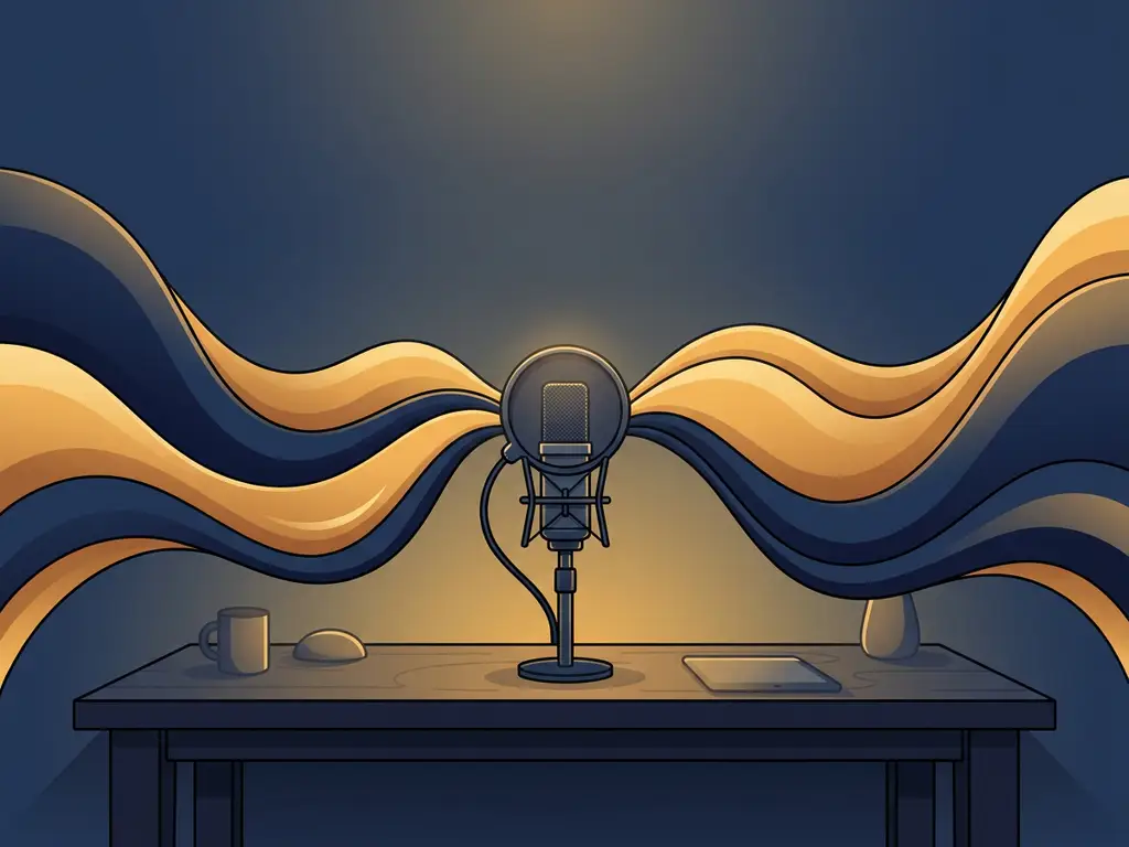 Professionele microfoon op studiodesk, omgeven door abstracte geluidsgolven in marineblauw en goudgeel.