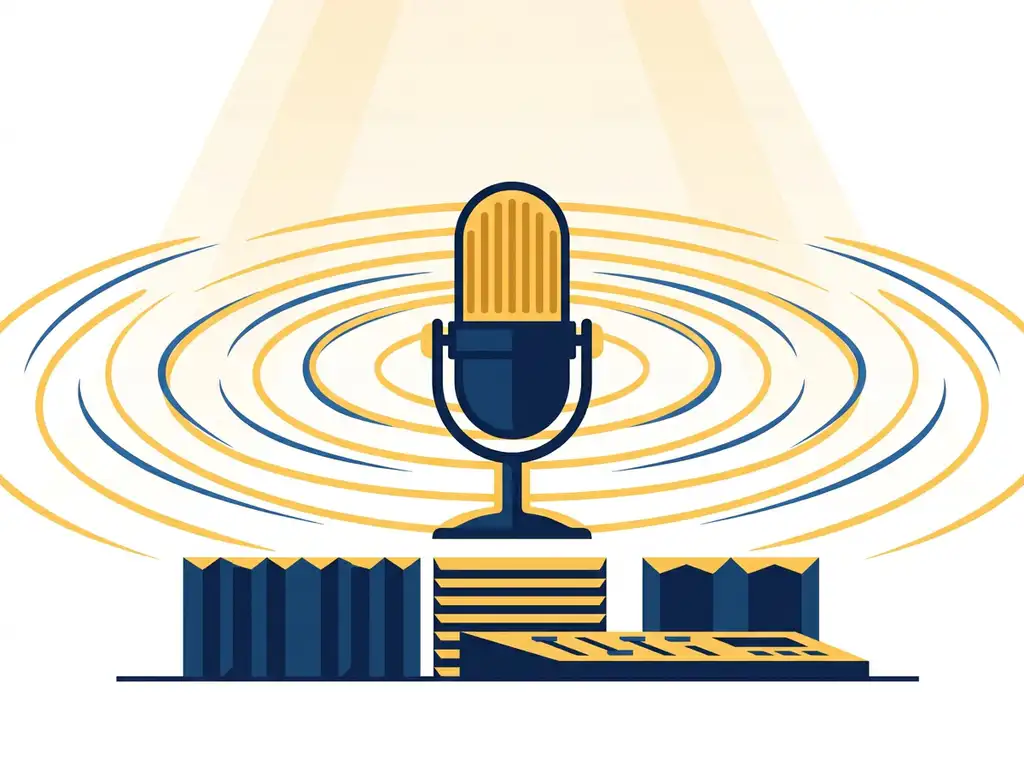Professionele podcastmicrofoon in moderne studio met uitdijende geluidsgolven in marineblauw en warm geel.