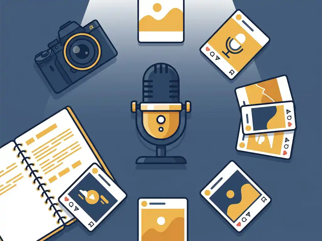 Podcastmicrofoon omringd door camera, notitieboek en social media-kaarten op een studio-bureau in donkerblauw en geel.