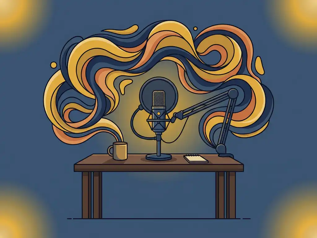 Professionele podcastmicrofoon op een studio-bureau, omgeven door abstracte geluidsgolven in warm geel en donkerblauw.