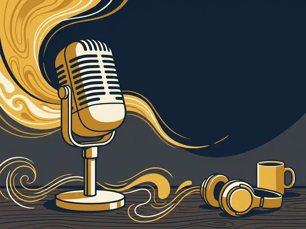 Professionele podcastmicrofoon op studiodesk met abstracte gele geluidsgolven op donkerblauwe achtergrond.