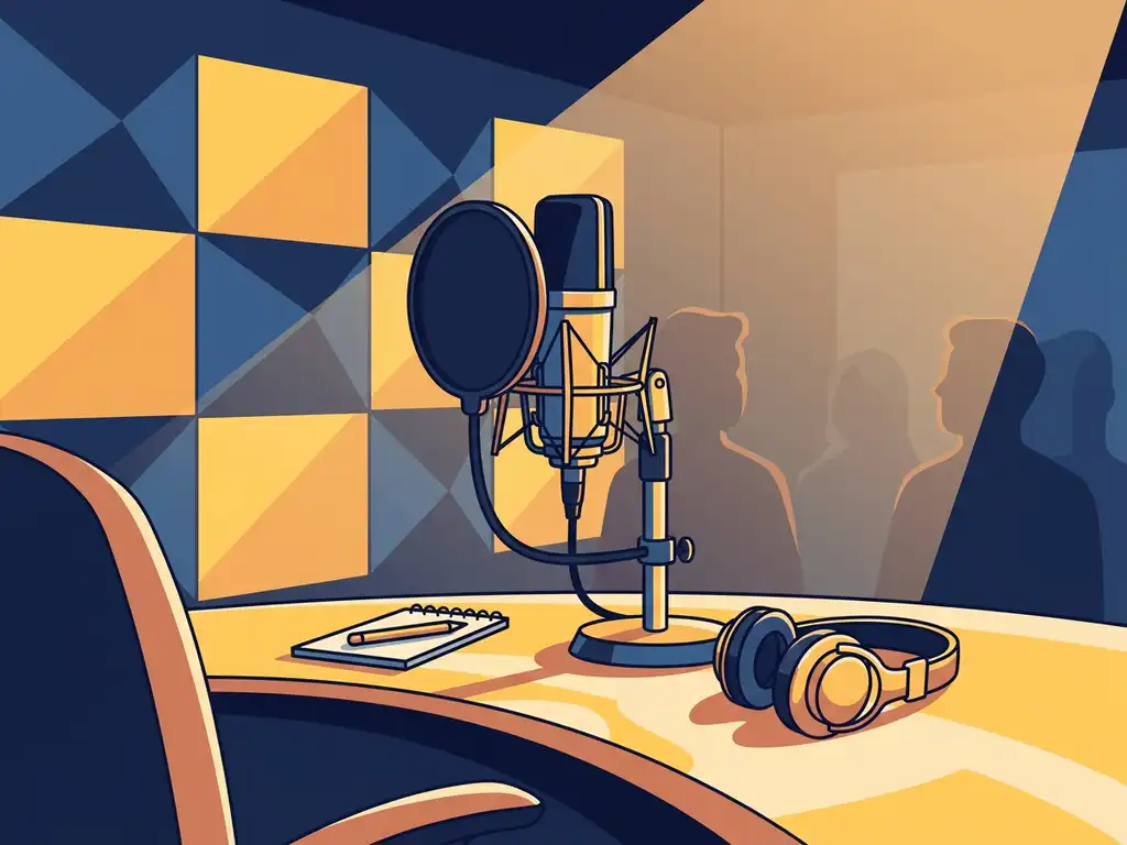 Professionele microfoon op bureau in moderne podcaststudio met akoestische panelen, koptelefoon en notitieblok in marineblauw en geel.