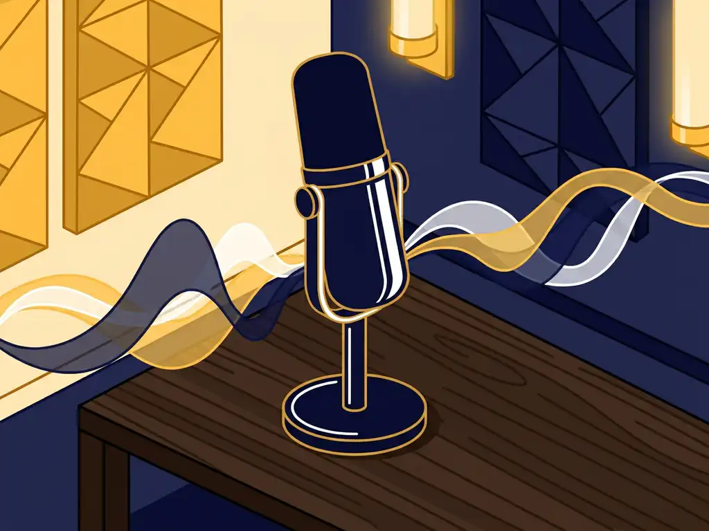 Professionele studiomicrofoon op bureau omgeven door vloeiende geluidsgolven, warm verlichte podcaststudio met akoestische panelen op achtergrond.