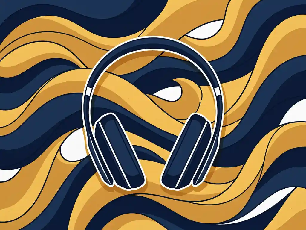 Professionele studiohoofdtelefoon op abstracte donkerblauwe en goudgele golfpatronen, strak plat vectorillustratie-ontwerp.