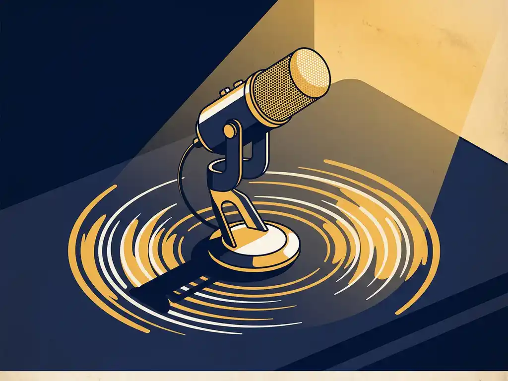 Professionele microfoon op studiodesk met gouden lichtval en geluidsgolven in marineblauw en geel vectorstijl.