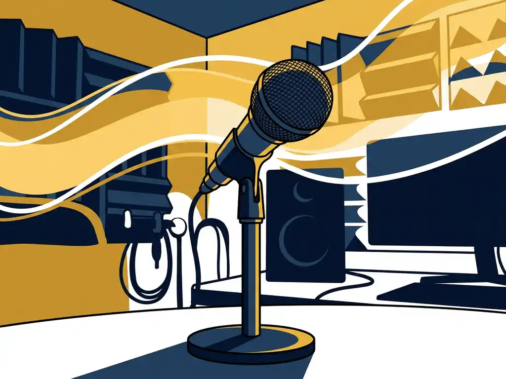 Professionele videopodcast studio vanuit laag camerastandpunt, microfoon scherp op voorgrond, abstracte donkerblauwe en gele lichtgolven op achtergrond.
