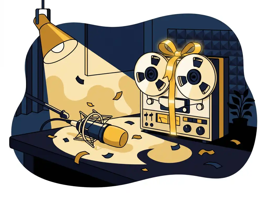 Vintage bandrecorder met gouden feestlint op studiodesk, naast condensatormicrofoon met marineblauw en geel confetti.