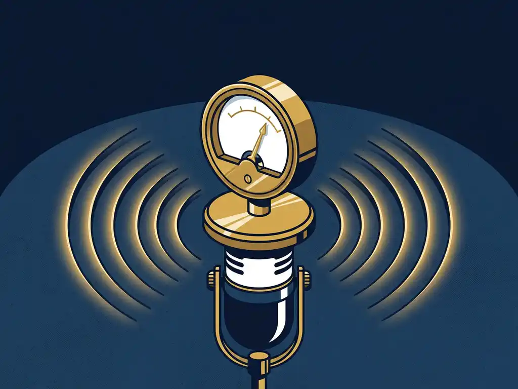 Vintage messing meetmeter op een podcastmicrofoon met gouden gloed en geluidsgolven op donkerblauwe achtergrond.