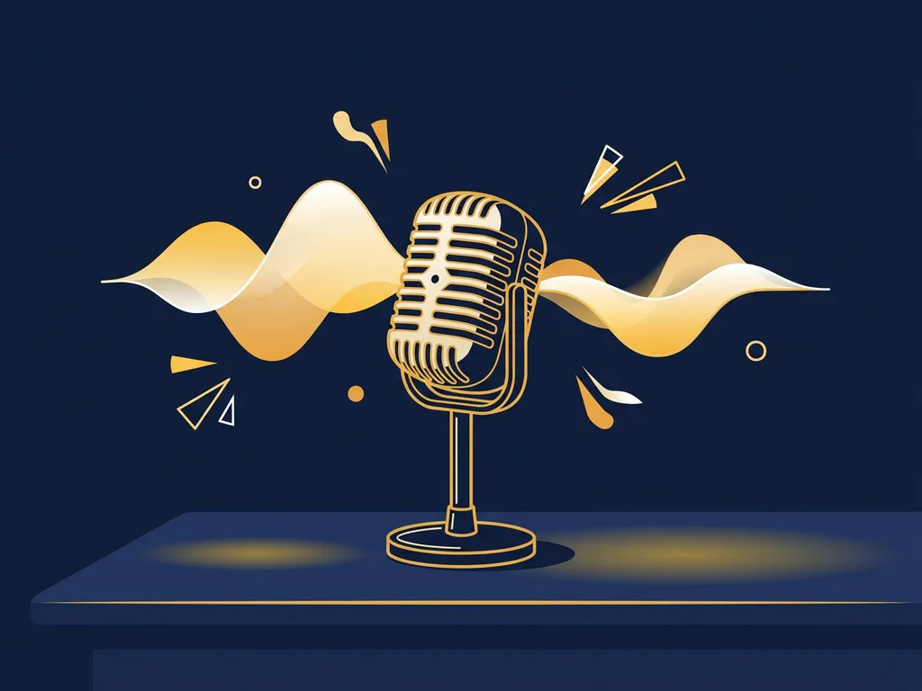 Vintage microfoon op studiodesk met gouden geluidsgolven in een donkerblauwe, stijlvolle flat illustration omgeving.