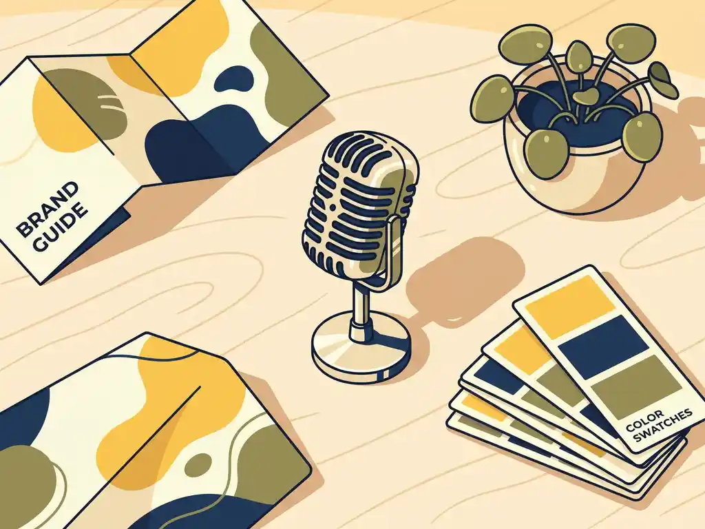 Vintage microfoon op studiodesk met merkgids, kleurstalen en potplant in warme geel-marineblauw tint.