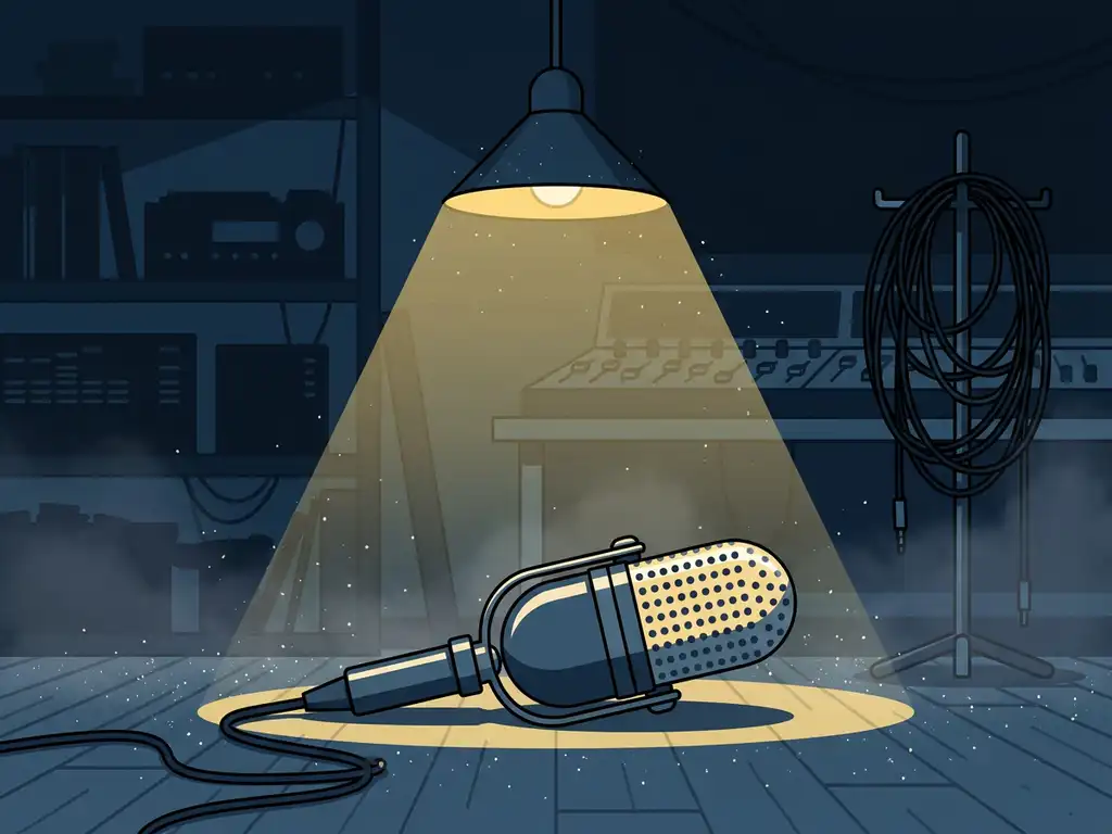 Vintage microfoon op zijn zij in een verlaten opnamestudio, verlicht door warm spotlicht met donkerblauwe schaduwen en gele accenten.