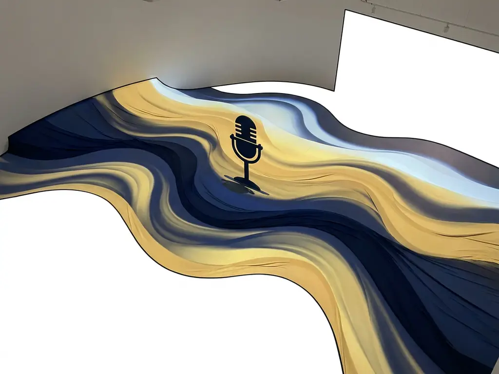 Abstracte vloeiende golven in marineblauw en warm geel met een vintage microfoonsilhouet dat organisch uit de compositie oprijst.