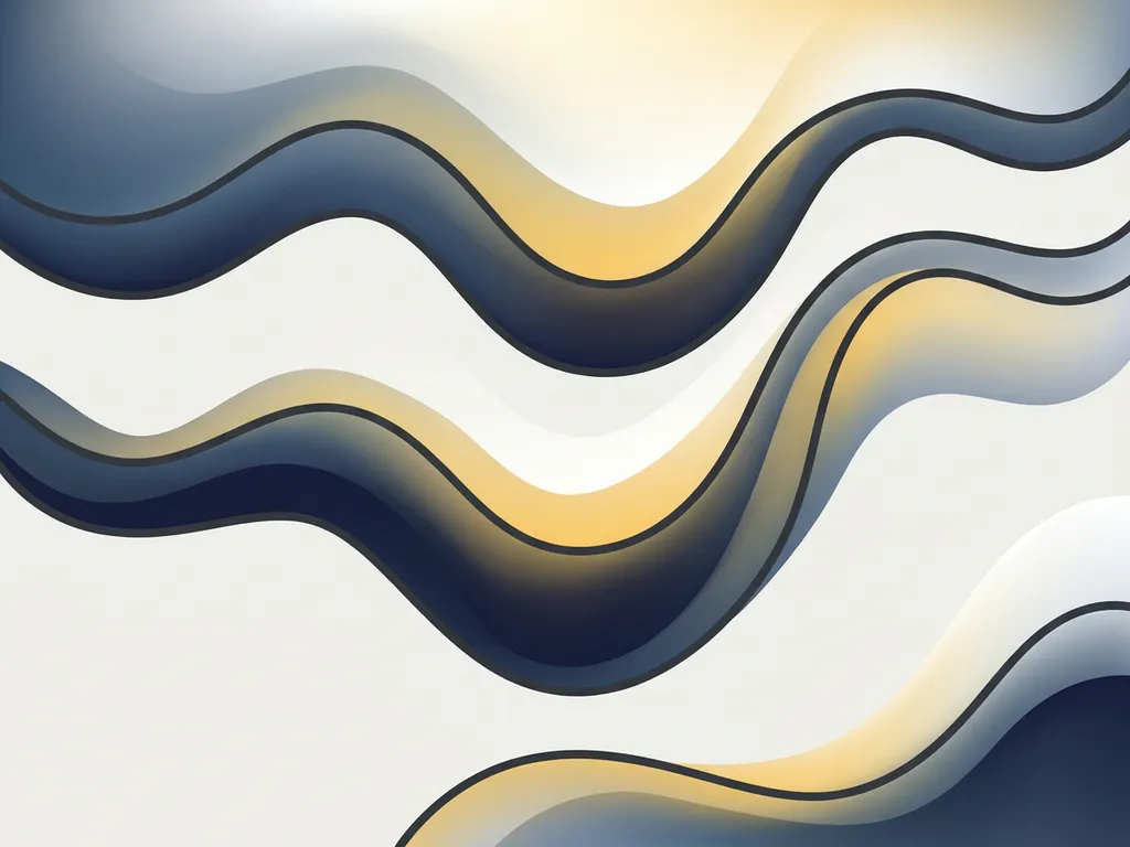 Abstracte vloeiende golven in marineblauw en goudgeel, zachte kleurverlopen die geluidsgolven of water suggereren.