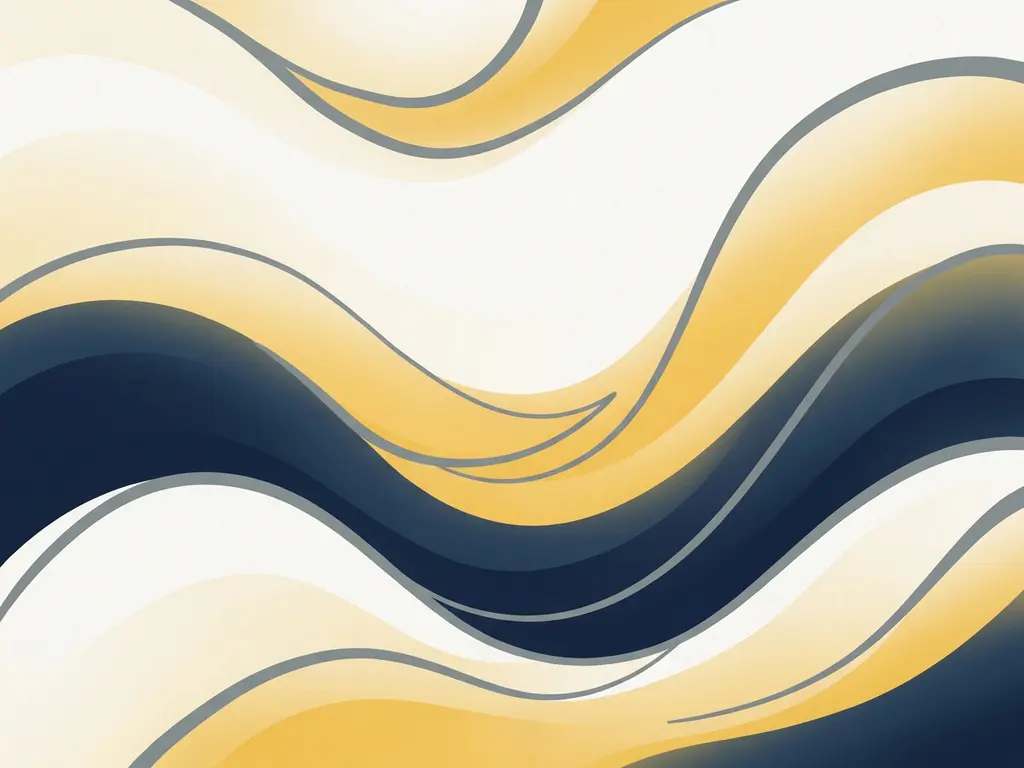 Abstracte vloeistofgolven van bovenaf, zachte stromende vormen in wit, donkerblauw en warm geel, rustgevende illustratie met minimale compositie.