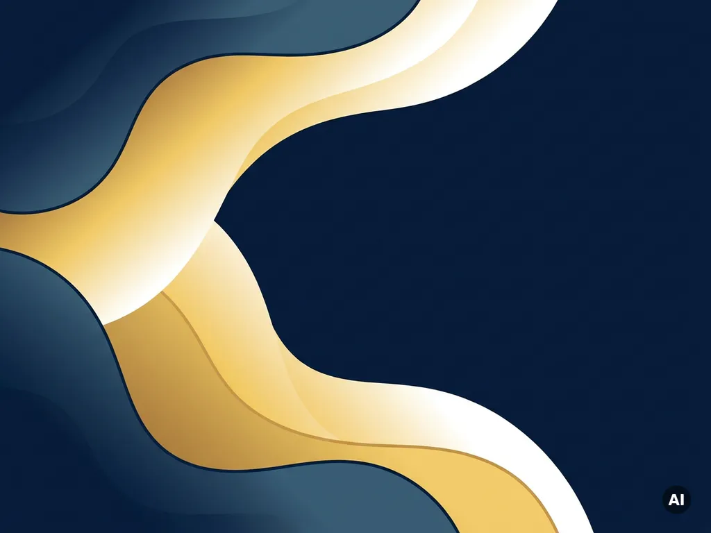 Abstracte golven in marineblauw, goud en wit met vloeiende kleurovergangen en een rustige, minimalistische compositie.