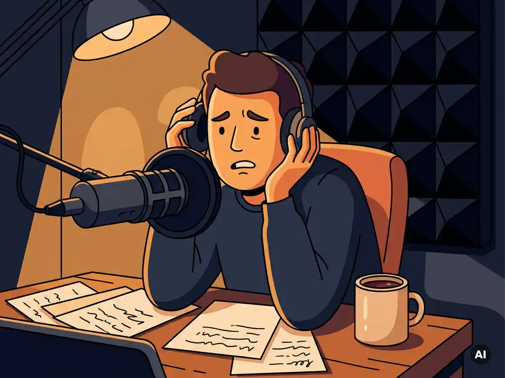 Nerveuze beginnende podcaster achter professionele microfoon in studio, koptelefoon half op, aantekeningen en koffiekopje op bureau, warme amber- en marineblauw tinten.