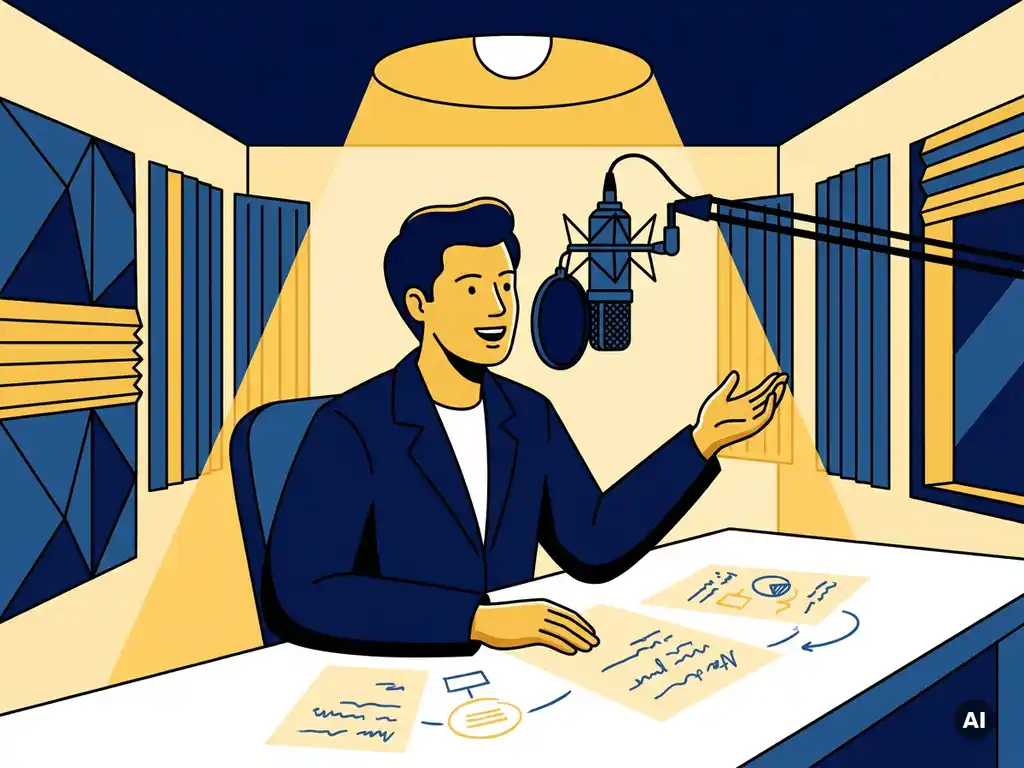 Freelancer spreekt zelfverzekerd in een studioprofessionele microfoon aan een strak bureau in een warmverlichte opnamestudio.