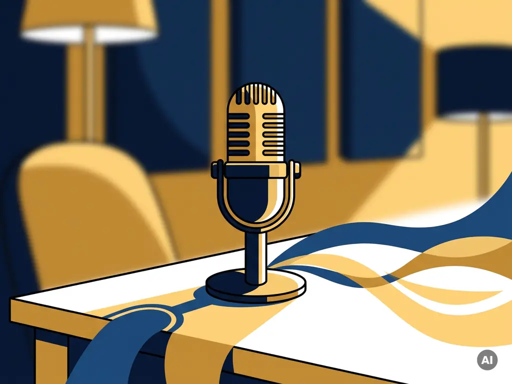 Condensatormicrofoon op studiodesk met abstracte donkerblauwe en gouden lichtgolven in een minimalistische podcaststudio.