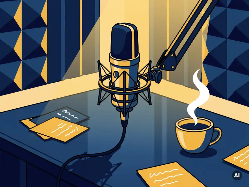 Condensatormicrofoon op studiobureaumet verspreide notities en dampende koffie, akoestische schuimpanelen op achtergrond.