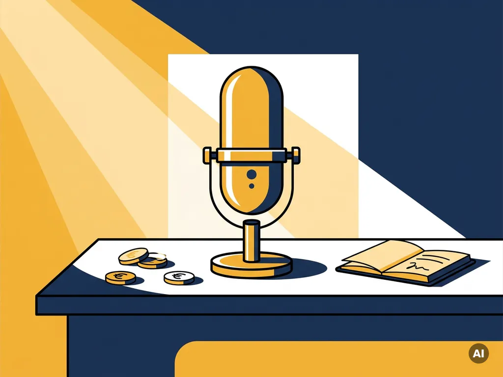 Professionele condensatormicrofoon op studiodesk met euromunten en open notitieboekje, vlakke illustratie in amber en marineblauw.