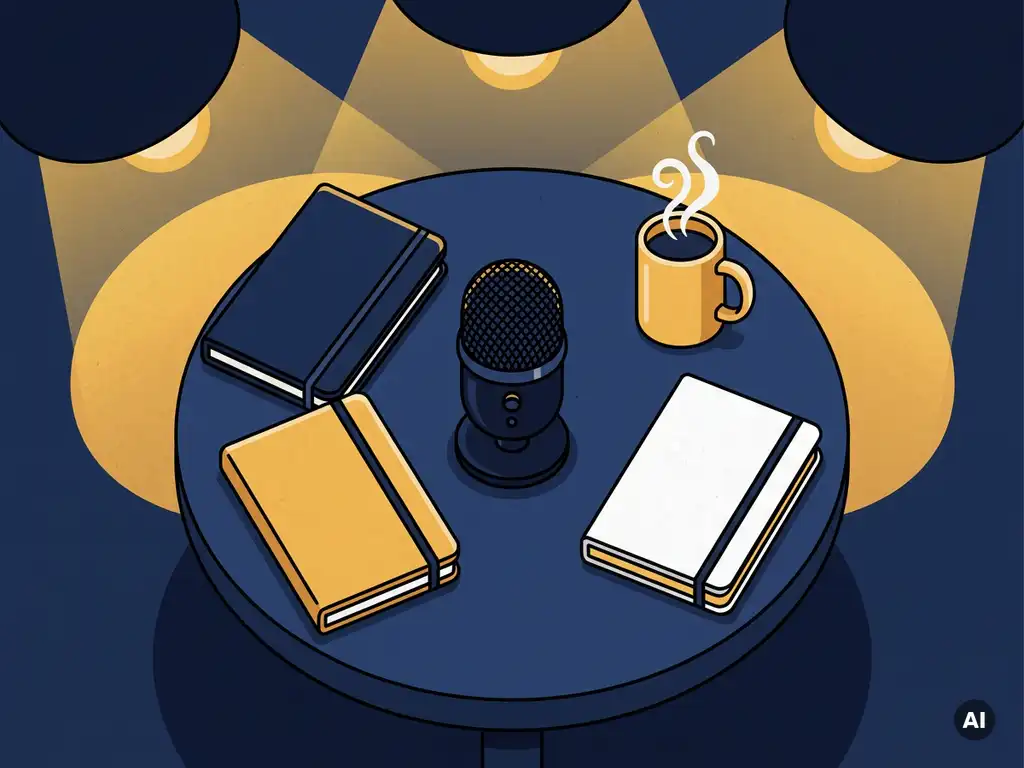 Compacte microfoon op een ronde tafel met drie notitieboeken en een dampende koffiekop in warm studiolicht.