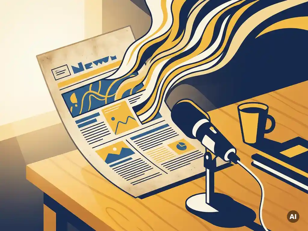 Vintage nieuwsbrief die oplost in geluidsgolven boven een professionele microfoon op een studio-bureau, illustratie in marineblauw en warm geel.
