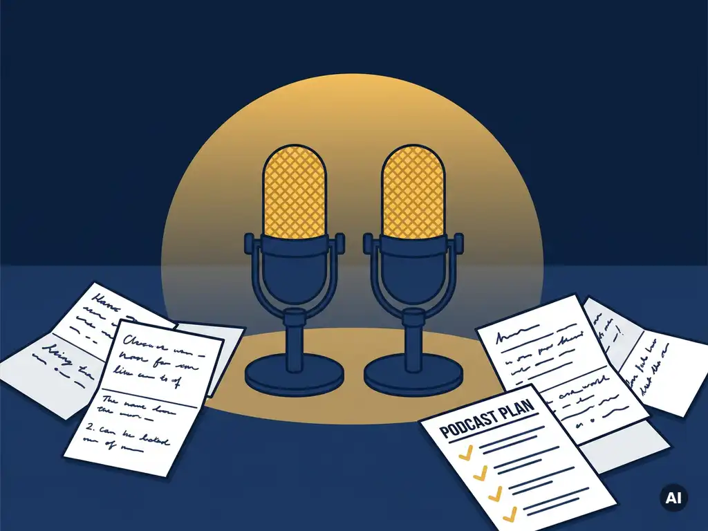 Twee studiomicrofoons op een bureau met handgeschreven notities en een podcast-checklist, verlicht door warm geel licht op donkerblauwe achtergrond.