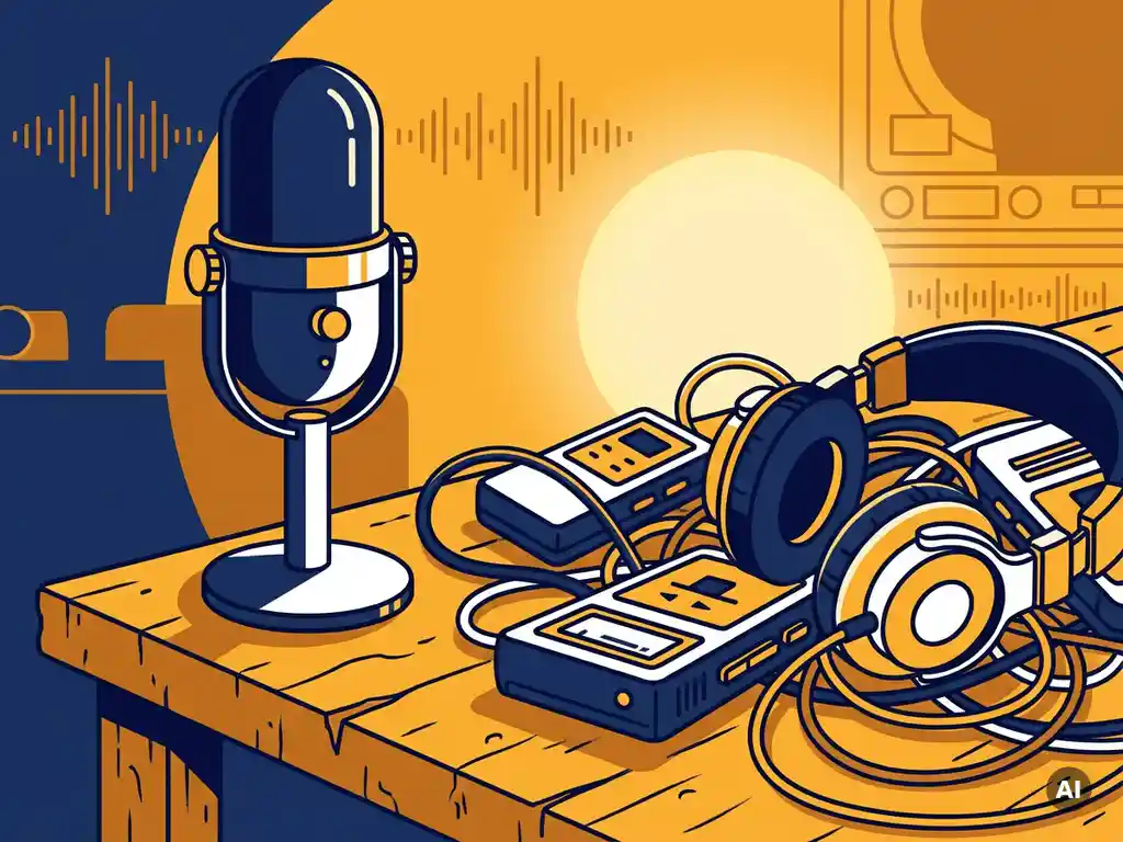 Professionele podcastmicrofoon naast verwarde kabels, draagbare recorder en budget-koptelefoon op een houten bureau in warme studiolicht.