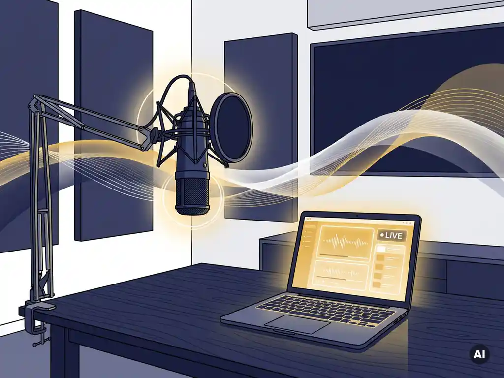 Professionele podcastmicrofoon in strak studio met gloeiende laptop en livestreaminterface, abstracte donkerblauwe en goudgele golven op achtergrond.
