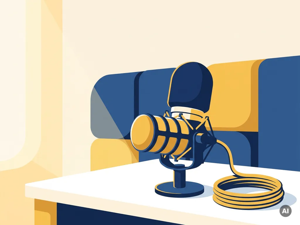 Professionele podcastmicrofoon op een minimalistische studiodesk met akoestische panelen op de achtergrond en netjes opgerolde kabels.