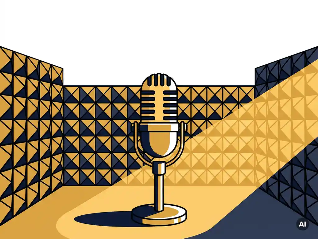 Professionele podcastmicrofoon in een warmverlichte studio met akoestische schuimpanelen en een minimalistische vectorillustratie-stijl.